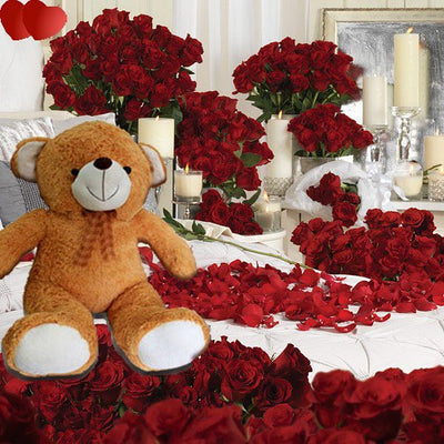 # 500 Roses - Room Full of Red Roses Contains:
 • HEART shape arrangement of 100 Red Roses. 
• TWO TIER Luxurious arrangement of 100 RED ROSES. 
• Cane BASKET of 150 Red Roses. 
• Bouquet of 75 Red Roses 
• Bouquet of 50 Red Roses 
• Bouquet of 25 Red Roses
• 2 Feet Big Plush Teddy Bear
• Free Big Valentine Love Greeting Card (Worth 500 Rs)