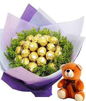 •	Bunch of 24 pc Ferrero Rocher Chocolates </br>
•	Approx 6 inch Cute Teddy Bear</br>
