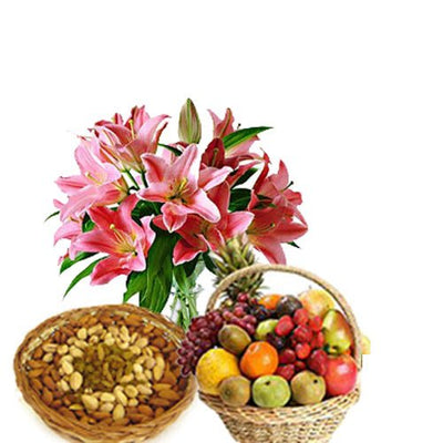 Exotic bunch of 5 Stem Lilies with a 500 gm assorted dry fruit pack and 3 Kg Fresh Fruits Basket.

 3 Kg Fresh Fruits Basket.
 500 gm assorted dry fruit pack
 Exotic bunch of 5 Stem Lilies