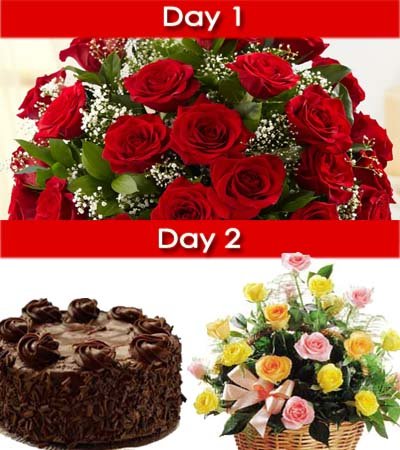 Day-1: LS 30 Red Roses bouquet wrapped nicely in cellophane wrap.
Day-2: Half KG (500 gm) Delicious Chocolate Cake and 24 Mixed Color Roses basket with lush green fillers in it.

&#8226 Half KG (500 gm) Delicious Chocolate Cake
&#8226 Serves 2-3 People
