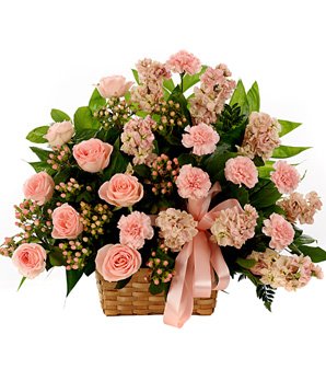 Wooden basket of  50+ Flowers (includes Pink Roses and Carnation).