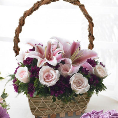 Basket of Pink Lilies and Pink Roses.