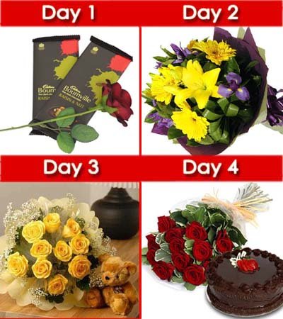  Day-1: Lets start the day with some sweet - Two bournville Chocolates (80 gm each) along with One stem Red Rose (Packed).
 Day-2: Mixed Flowers bouquet of 15+ flowers arranged in a form of bunch with cellophane wrap on it.
 Day-3: Bouquet of 12 stalk Yellow Roses with a Cute small teddy bear (6 inches)
 Day-4: Bouquet of 12 Stalk Red Roses along with a 500 gm delicious dark Chocolate cake
 Free Message Card