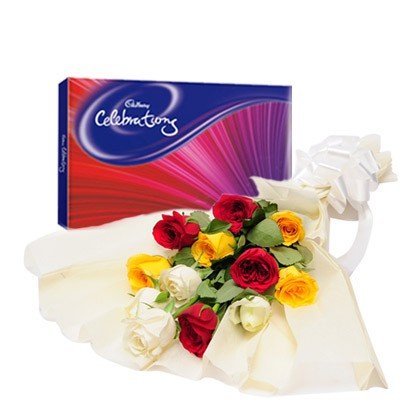 12 Mixed Roses
 Wrapped in cream color paper packing 
Cadbury celebrations pack (141 gms).