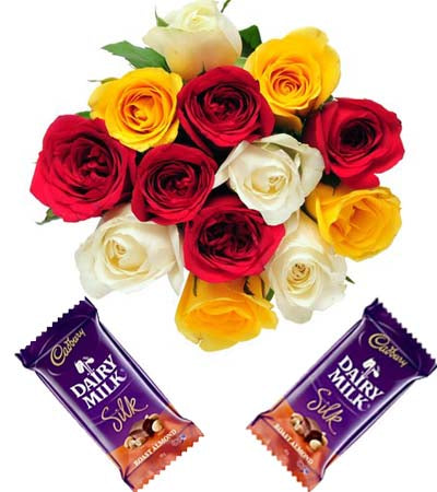 12 Mixed Roses bouquet and TWO cadbury silk chocolates (60 gm each)
Free Message Card