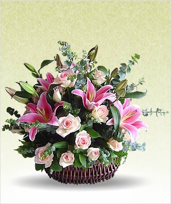  20 Mixed Flowers Basket (Incl Oriental Lilies and Roses)
 Free Message Card
 Arranged in Wooden Basket