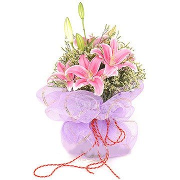  Exotic Bouquet of Pink Oriental Lily with Special Net/Paper Wrap on it
 Free Message Card.