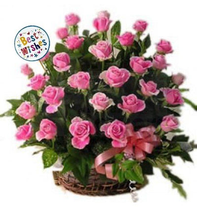 Basket of 30 Long stem pink roses and lush foliage