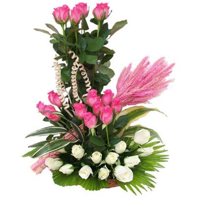 Basket arrangement of white & Pink Roses 
 Wooden Basket with lush green decor.