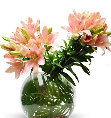 •	10 Stem Pink Lilies arranged in a Fish Bowl Glass Vase.