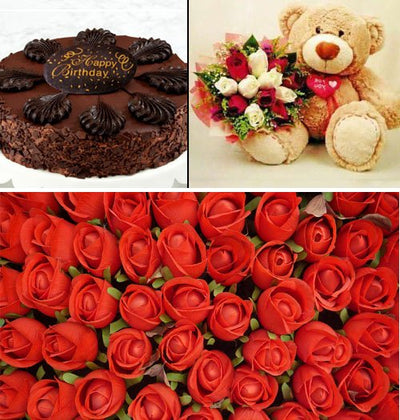  100 Stem Premium Red Roses Hand bunch
 2 Pond Delicious Chocolate Cake
 Teddy bear (Aprox 1 Feet) with dozen Red and White Roses hand bouquet. 
 Get FREE Greeting Card (Occasional) worth 150 Rupees.