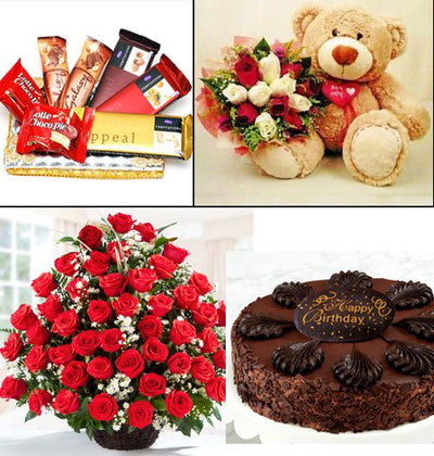 60 Red Roses Basket arranged in a cane basket 
 500 gm Fresh Chocolate Cake
 Serves 2-3 People
 Huggable Teddy bear (Aprox 1 Feet) 
 Dozen Red and White Roses and a Chocolate Hamper.

