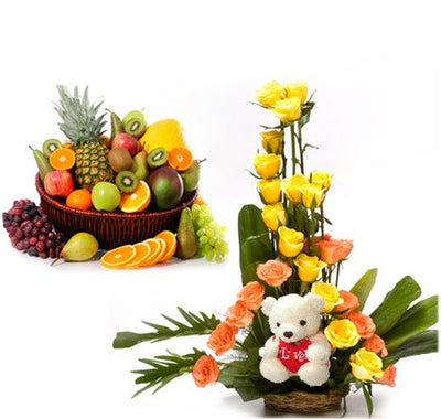 	Fresh Fruit Basket (4 KG)
25 Roses Designer arrangement with a small teddy (6 inch) sitting in basket.
