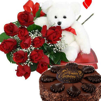  Huggable teddy bear (12 inched tall) 
 1 Pound Chocolate Cake 
 12 Red Roses Bouquet