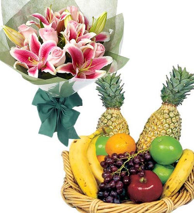 5 Kg Fresh Fruits Basket (Seasonal) 
Exotic Lilies & Roses hand bunch with special crape paper packing
 Free Message Card.