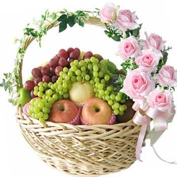  6 KG Fresh Fruits Basket (Seasonal Fruits) with 10 stalks of Pink Roses decorated with basket.
 Free Message Card.