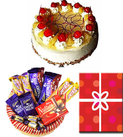 500 gm Pineapple cake
 Serves 2-3 People
 Occasional Greeting Card
&#8226 Chocolates Hamper