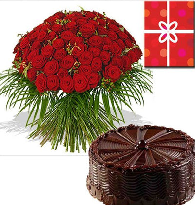  100 Red Roses Hand bunch
 500 gm Delicious Chocolate Cake 
 Occasional Greeting Card.