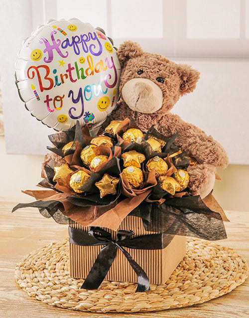 16 Pc Ferrero Rocher with a Cute Teddy and a Happy Birthday Balloon