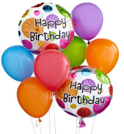  Birthday Balloons Bouquet [Two Birthday Printed Mylar Balloons & Eight Airfilled Latex Balloons]
 Free Message Card

NOTE: This product is available only in FEW Cities. If you do not find your city listed in "delivery city" option then request you to choose any other product. Thank you