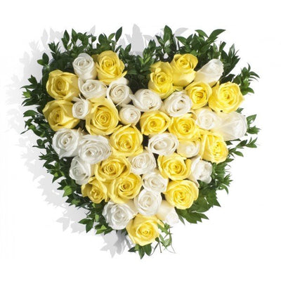 •	36 roses(yellow and white) heart shape arrangement.
 Free Message Card
