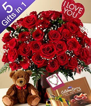 #"<strong>5 Gifts in 1</strong>" 
 50 Red Roses
 1 * Flower Vase
 1 * Love card
 1 * Cadbury Celebration (118 gm)
 1 * Cute Bear (6 inch) 
 1 *  Free Message Card