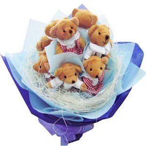  Bouquet of 5  small teddies (6 inch each) arranged in the form of bouquet with special packing on it.