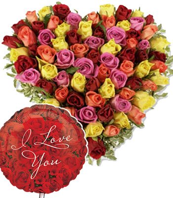  Premium Heart shape arrangement of 100 stem mixed roses with a Premium "I Love U" Mylar Balloon with stick (Aprox 1.8 Feet Large)
 Free Message Card

Note: This product is available only in few cities only (Cities Mentioned below). If you do not find your "Delivery City" listed over here, then please choose any other product or CALL US! Thank you!