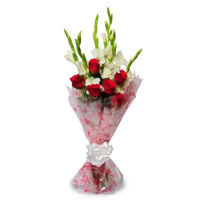 Bouquet of 6 Red Roses and 6 white gladiolus paired with a classic cellophane wrap.