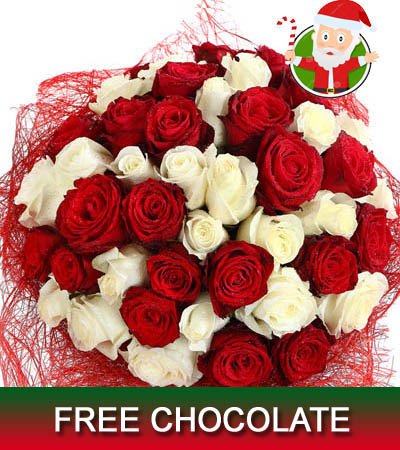  40 Stem Premium Red & White roses Christmas bouquet
 Wrapped in Cellophane packing.
 FREE Message card.
 FREE Cadbury Celebrations Chocolate Pack (165 gms)