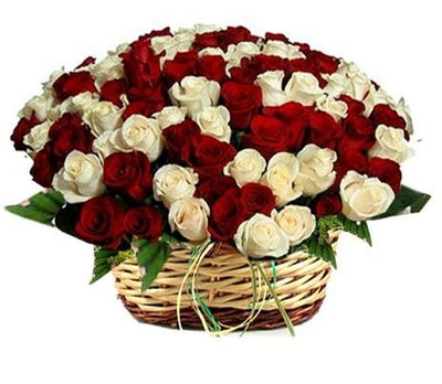  100 Stem Pure White & Red Roses
 Arranged in a big wooden basket.
 FREE Message card.