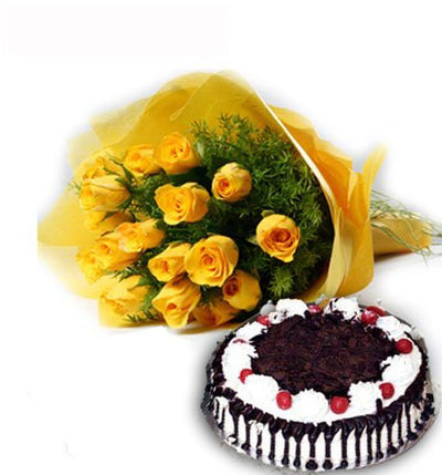  15 yellow roses bouquet wrapped in yellow crape paper packing
 500 gm black forest cake
 Serves 2-3 People