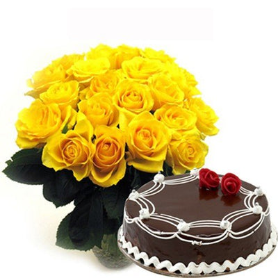  20 yellow roses hand bunch
 500 gm dark chocolate cake
 Serves 2-3 People