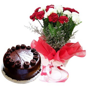  20 Red & White Carnation Special Packing Included
 500 gm Chocolate cake
&#8226 Serves 2-3 People