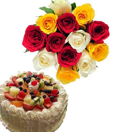  Dozen Mixed Roses (Color choice available)
 500 gm Fresh Fruit cake
 Serves 2-3 People