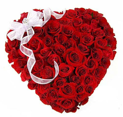  75 Red Roses HEART shape arrangement
 Arrange with White Bow on it
 Free Message Card