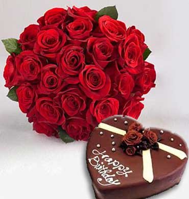  24 premium Red Roses bouquet
 1 Kg HEART shape chocolate cake (From 5 Star Bakery)
 Serves 4-6 People