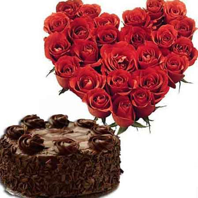  24 Red Roses HEART shape arrangement 
 500 gm delicious chocolate cake
 Free Message Card