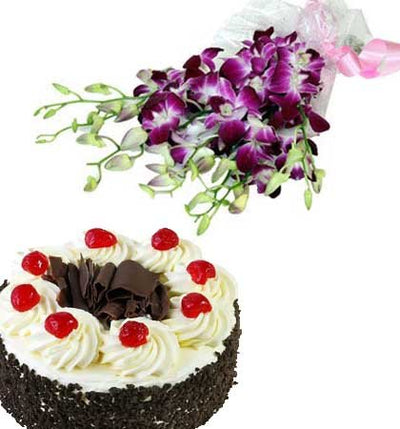 purple shade orchids. 500 gm Black forest cake.