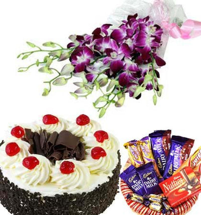  Bouquet of 8 stem purple orchids
 500 gm Chocolate Truffle Cake and a Chocolate Hamper
 Free Message Card 