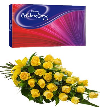  15 Stem Yellow Roses bouquet
  Wrapped in cellophane packing
  Cadbury Celebrations pack (141 gm)