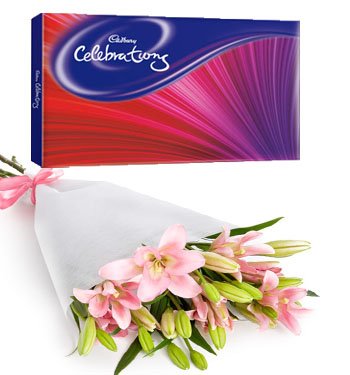 •	Bunch of Pink Asiatic Lilies (5 stem) 
•	Cadbury Celebrations Pack (141 gm).
