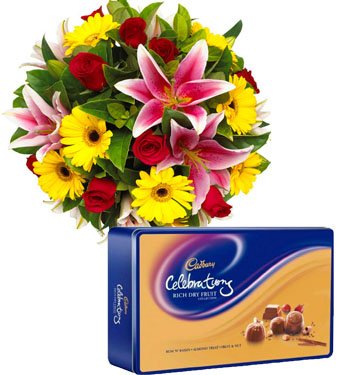  Exotic Lilies, Gerbera's and Roses
 Cadbury Rich Dry Fruit Pack (150 gm).
 Free Message Card