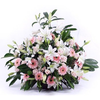  Arrangement of Lilies, Daisies, LS Roses Arranged nicely in wooden cane basket. Flowers: 50+