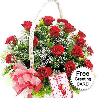 basket of 25 Red Roses arranged wonderfully with thriving white fillers in it