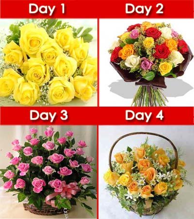 Day-1: 15 Yellow Roses hand bouquet wrapped in cellophane paper.
Day-2: 24 Mixed color Roses long stem hand bunch with lush green fillers decor.
Day-3: Pink sunshine basket of 30 Stem Roses with nice leafs decor.
Day-4: Yellow basket of 24 stalks yellow roses with nice fillers.