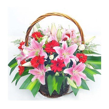  Premium Pink Lilies and Red Gerbera wooden basket arrangement (18+Flowers).
 Free Message Card.