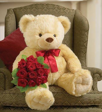  Cuddly Teddy Bear (Branded) with a bouquet of premium dozen red roses.
 Teddy Size: 50 cm Large
 Free Message Card
