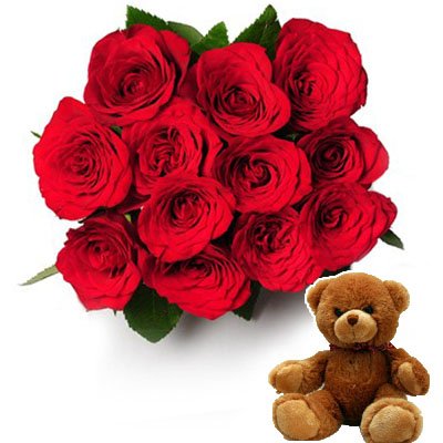 12 Red Roses bouquet
 Small cute teddy bear (6 inch).
 Free Message card.