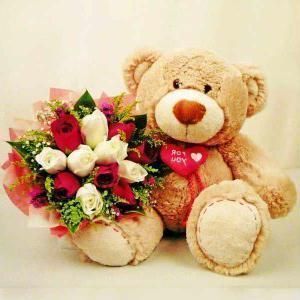 	15 Red and White Roses bouquet.
Aprx 1 Feet teddy bear.
